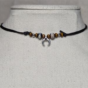 Tiny Crescent Moon Charm Brown Ceramic Wooden Bead Whimsical Y2K Choker Necklace